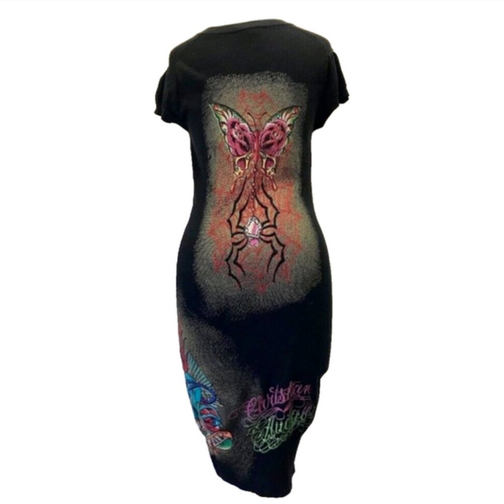 NWOT Christian Audigier Butterfly Spider Beaded Bodycon Sweater Dress